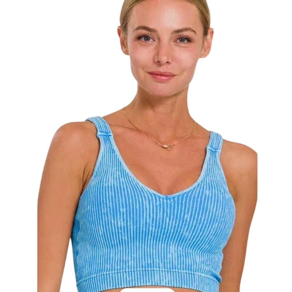 Zenana Womens Ribbed Mineral Wash V-Neck Sports Bra Crop Top Deep Sky Blue L/XL‎
